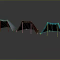Three Different Colored Tents with Supports on Smooth Surface with Reflections