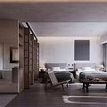 Hotel Room Interior With Gray Headboard Bed Wooden Nightstand Table Lamp And Wooden Floor