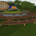Park Landscape Featuring Circular Wooden Structure Multi tiered Platform Tables Chairs Umbrellas Green Lawn And Trees