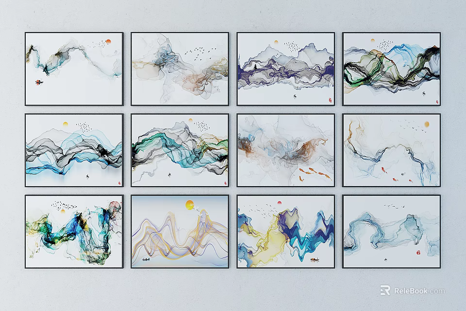 Abstract Ink Paintings Collection With Flowing Colors And Artistic Patterns 3d model