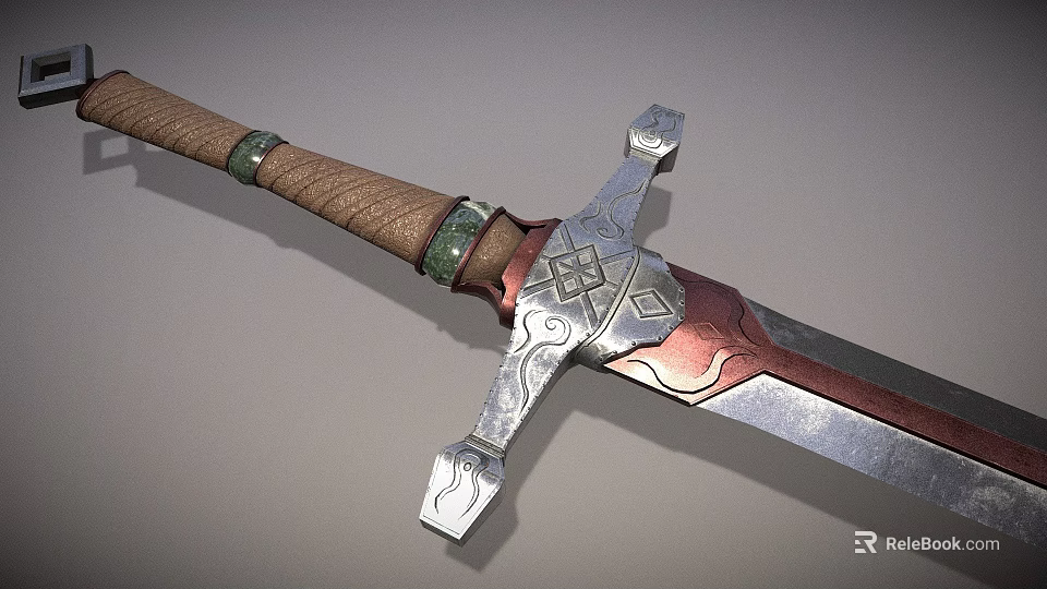 Ornate Sword With Leather Hilt Green Decorative Rings Silver Crossguard Intricate Engravings And Red Silver Blade 3d model 