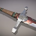Ornate Sword With Leather Hilt Green Decorative Rings Silver Crossguard Intricate Engravings And Red Silver Blade