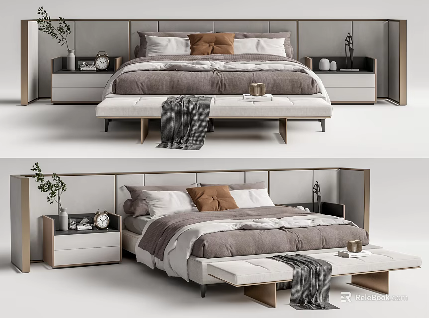 Modern Double Bed With Minimalist Headboard Bedside Tables Decorative Pillows Throw Blanket And Potted Plant 3d model 