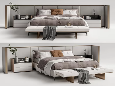 Modern Double Bed With Minimalist Headboard Bedside Tables Decorative Pillows Throw Blanket And Potted Plant 3d model