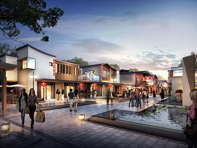 Traditional Modern Architecture Pedestrian Commercial Street With People Shops Water Feature And Evening Lanterns 3d model
