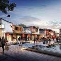 Traditional Modern Architecture Pedestrian Commercial Street With People Shops Water Feature And Evening Lanterns