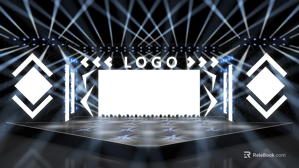 Modern Stage Setup With LED Lights Geometric Decorations White Screen And Reflective Floor 3d model 