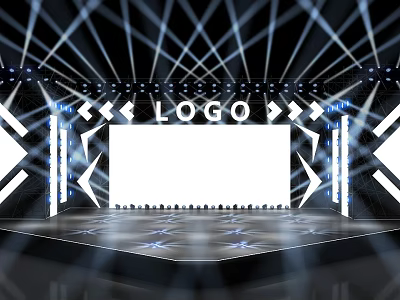 Modern Stage Setup With LED Lights Geometric Decorations White Screen And Reflective Floor 3d model