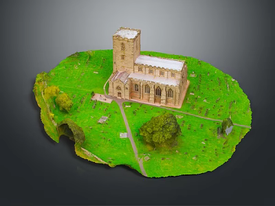 Miniature Church Model With Green Grass Trees Pathway And White Tower 3d model