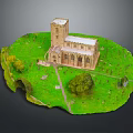 Miniature Church Model With Green Grass Trees Pathway And White Tower