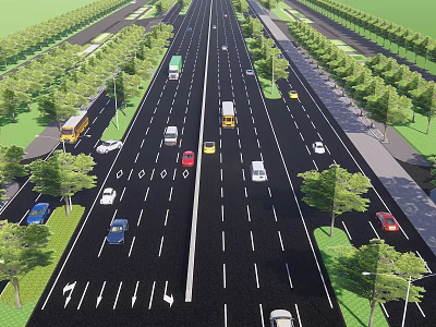 Municipal Road With Multiple Lanes Various Vehicles Trees And Street Lamps 3d model