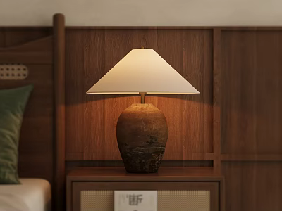 Vintage Bedside Table Lamp With White Lampshade Brown Base On Wooden Wall Panel Bedroom Decor 3d model