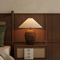 Vintage Bedside Table Lamp With White Lampshade Brown Base On Wooden Wall Panel Bedroom Decor