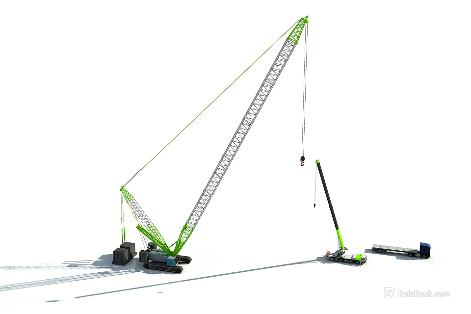 Functional Green Crane Vehicle Featuring Long Boom And Lifting Equipment 3d model 
