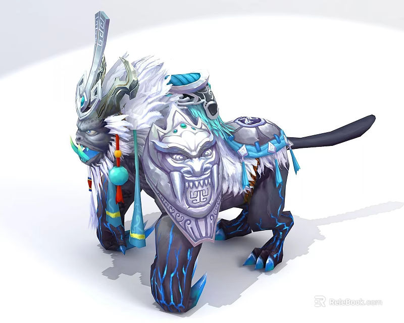 Futuristic Technology Exhibition Hall Showcasing Mythical Beast Sculpture With Intricate Silver Blue Decorative Details 3d model 