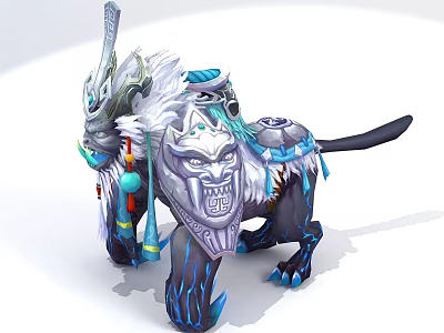 Futuristic Technology Exhibition Hall Showcasing Mythical Beast Sculpture With Intricate Silver Blue Decorative Details 3d model