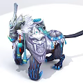 Futuristic Technology Exhibition Hall Showcasing Mythical Beast Sculpture With Intricate Silver Blue Decorative Details