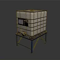 Industrial Square Metal Frame Container With Blue Stand Holding Granular Material And Side Panel
