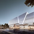 Modern Museum Building Featuring Geometric Glass Facade Reflective Pool And Surrounding Trees 3d model