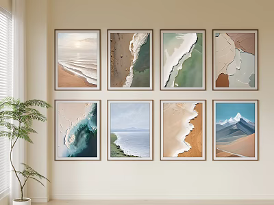 Eight Natural Landscape Paintings On Wall Featuring Beach Waves Mountains Desert And Plant Decor 3d model