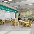 Modern Kindergarten Classroom Spacious Open Layout With Wooden Tables Chairs Bookshelves Green Plants And Windows