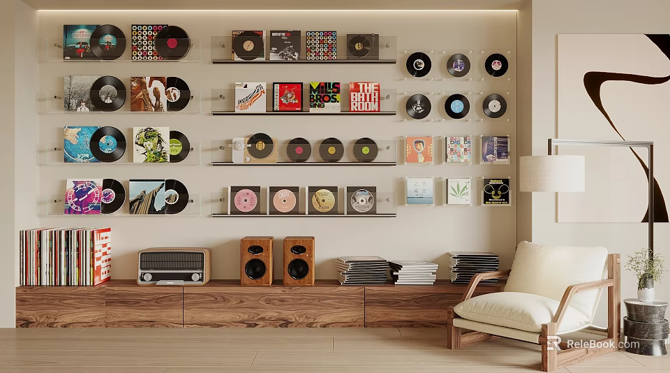 Stylish Interior Featuring Wall Mounted Vinyl Records Stacked Albums Vintage Speakers And Wooden Shelf 3d model 