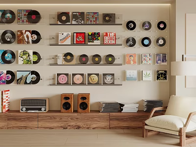 Stylish Interior Featuring Wall Mounted Vinyl Records Stacked Albums Vintage Speakers And Wooden Shelf 3d model