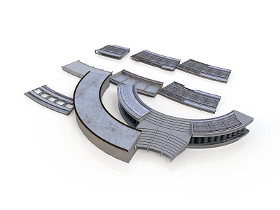 Gray Metal Railway Train Track Components With Curved And Rectangular Sections 3d model
