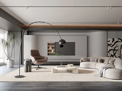 Modern Living Room Interior With Beige Sofa Brown Armchair And Arched Floor Lamp 3d model