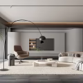 Modern Living Room Interior With Beige Sofa Brown Armchair And Arched Floor Lamp