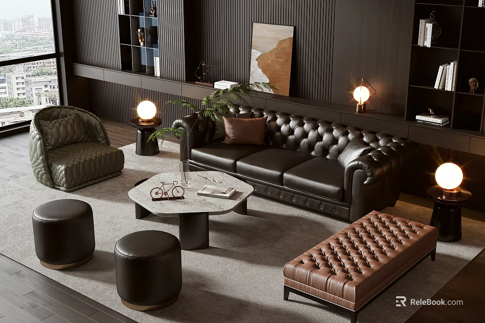 Modern Black Leather Sofa And Coffee Table Set With Green Armchair Brown Bench Black Ottomans 3d model 