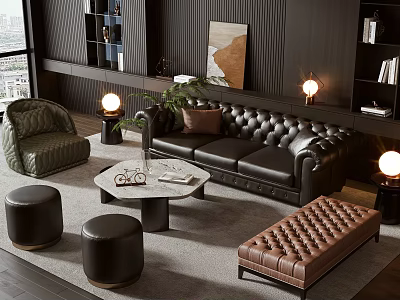 Modern Black Leather Sofa And Coffee Table Set With Green Armchair Brown Bench Black Ottomans 3d model