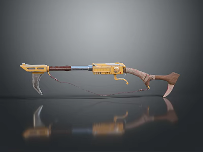 Yellow Weapon With Wooden Stock Metal Components And Hook Rope Attachment On Gray Reflective Surface 3d model