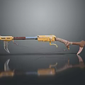 Yellow Weapon With Wooden Stock Metal Components And Hook Rope Attachment On Gray Reflective Surface