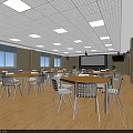 Spacious Cafeteria Interior With Wooden Flooring White Tables Chairs Ceiling Lights Projector Screen And Windows