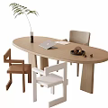 Modern Oval Wooden Desk with Laptop Vase Fern Plant Tray and Three Colored Chairs