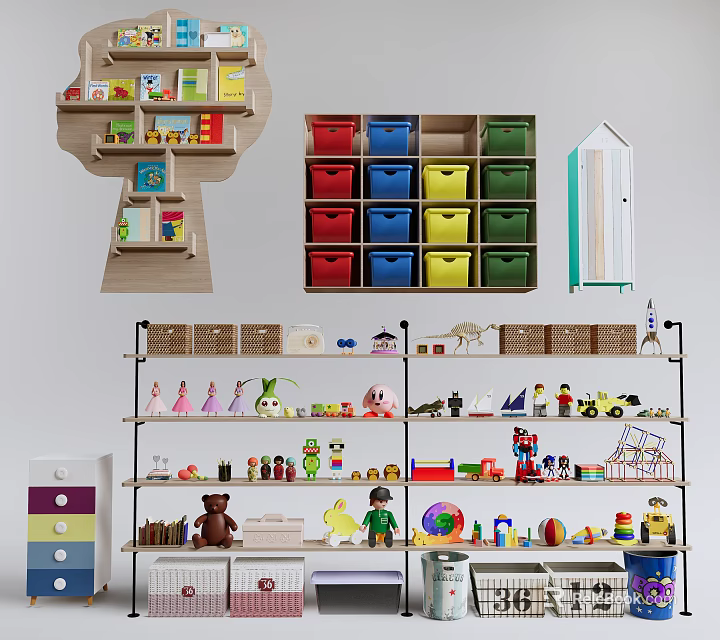 Kids Bookcase With Colorful Storage Bins And Various Toys On Multi Tier Shelves 3d model 