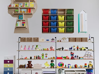 Kids Bookcase With Colorful Storage Bins And Various Toys On Multi Tier Shelves 3d model