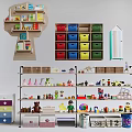 Kids Bookcase With Colorful Storage Bins And Various Toys On Multi Tier Shelves