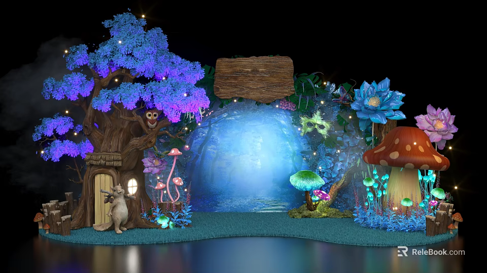 Enchanting Fairy Forest Scene With Glowing Blue Trees Giant Mushrooms And Waterfall 3d model 