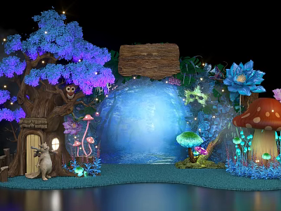 Enchanting Fairy Forest Scene With Glowing Blue Trees Giant Mushrooms And Waterfall 3d model