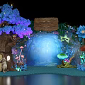 Enchanting Fairy Forest Scene With Glowing Blue Trees Giant Mushrooms And Waterfall