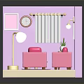 Cartoon Room Scene With Pink Sofas Purple Cushions Coffee Table Floor Lamp And Wall Clock
