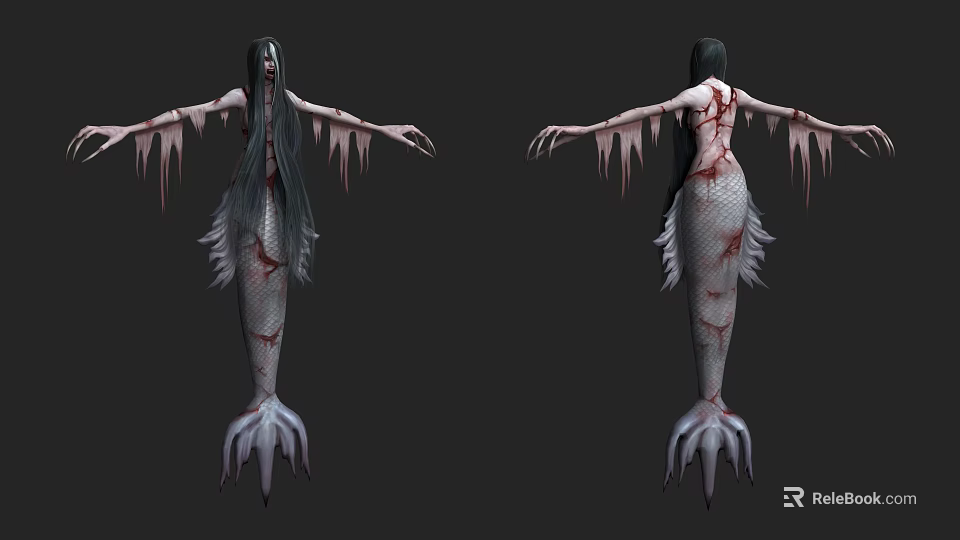 Horror Mermaid Character with Long Black Hair Bloody Body Icicle Details and Claw Tail 3d model 