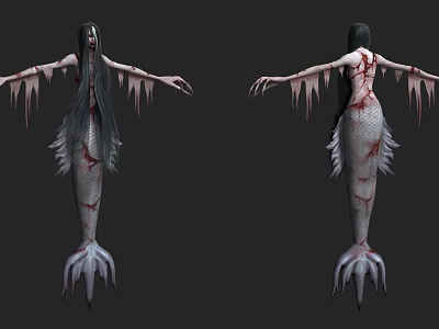 Horror Mermaid Character with Long Black Hair Bloody Body Icicle Details and Claw Tail 3d model