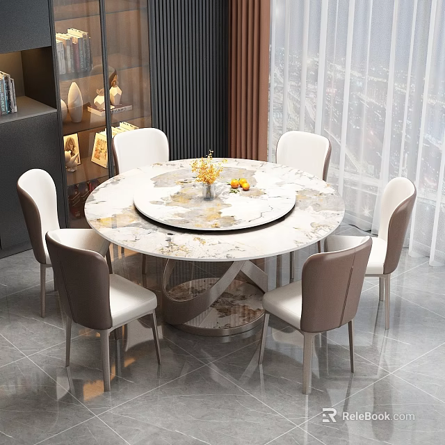 Modern Round Dining Table Set with Marble Tabletop Turntable and Six Upholstered Chairs 3d model 