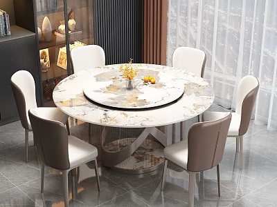 Modern Round Dining Table Set with Marble Tabletop Turntable and Six Upholstered Chairs 3d model