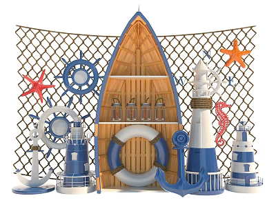 Nautical Decorative Display With Wooden Boat Grid Background Starfish Ship Wheels And Lighthouses 3d model