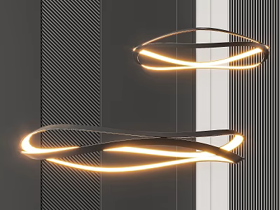 Modern Illuminated Chandeliers With Circular LED Light Strips Against Dark Striped Wall Interior 3d model