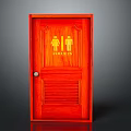 Vibrant Red Toilet Door Interior With Male Female Symbols And Toilets Sign